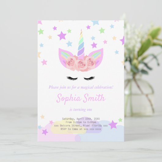 Paarse unicorn verjaardagsuitnodiging kaart (Staand voorkant)