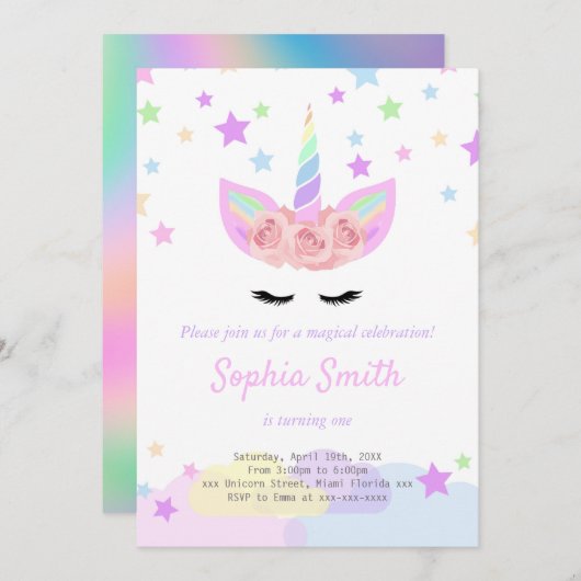 Paarse unicorn verjaardagsuitnodiging kaart (Voorkant / Achterkant)