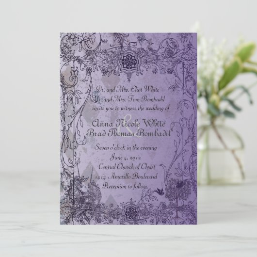 Paarse Unicorn Wedding Uitnodiging (Staand voorkant)