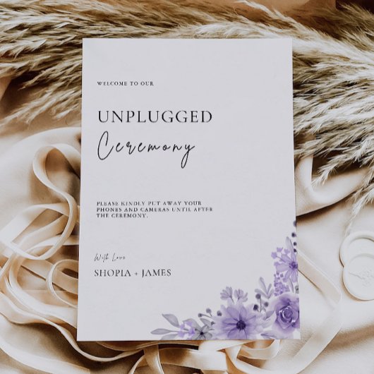 Paarse Unplugged Ceremony Wedding Sign Kaart