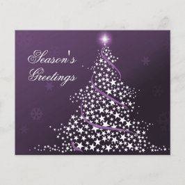 Paarse vakantiekaart met kerstbomen en budget