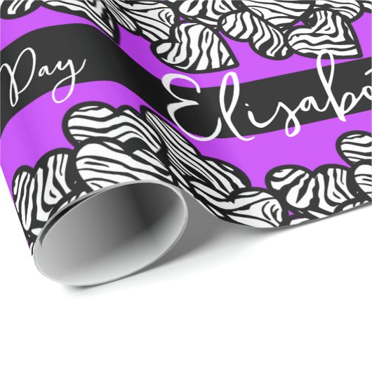 Paarse Valentijnsdag Zebra Heart Pattern Naam toev Cadeaupapier (Rol Hoek)