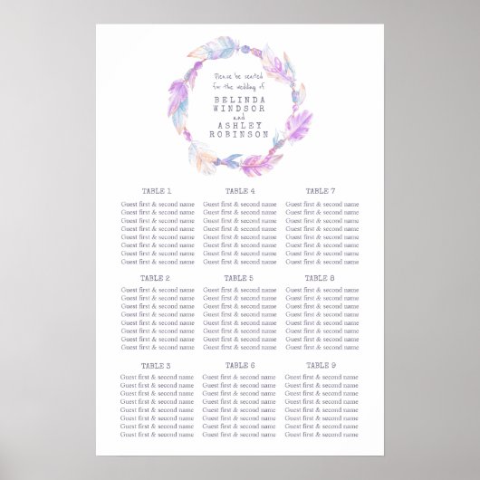 Paarse veer waterverf bruiloft tafelplan poster (Voorkant)