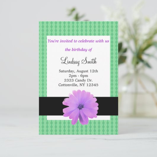 Paarse ventilator zwarte ribbon Birthday uitnodigi Kaart (Staand voorkant)