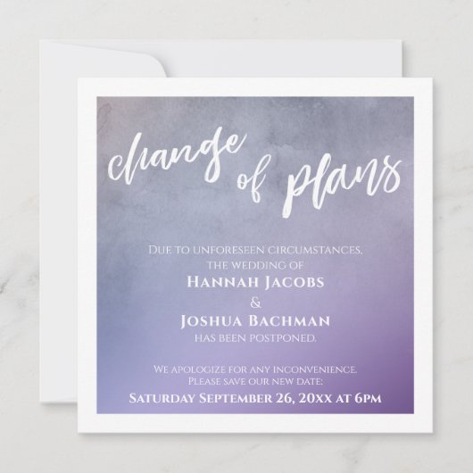 Paarse verandering van plannen uitgestelde bruilof kaart (Voorkant)