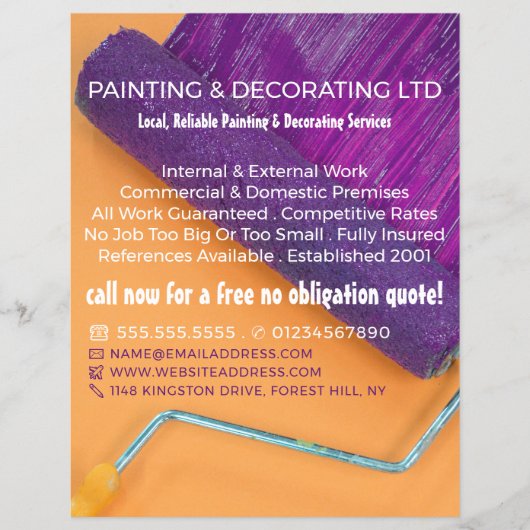 Paarse verf Roller, schilder en decorator Flyer (Voorkant)