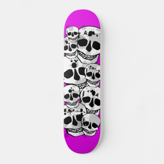 Paarse verfspatten schedels zwart skateboard deck (Voorkant)