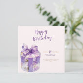 paarse verjaardags uitnodiging voor cadeau doos (Staand voorkant)