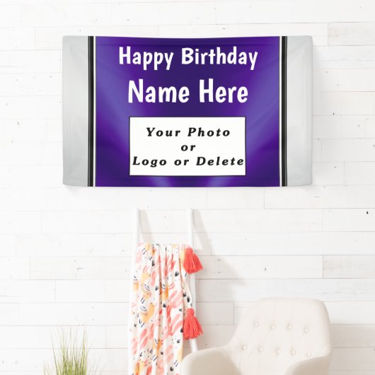 Paarse verjaardagsbanner met uw foto en naam spandoek (Insitu)