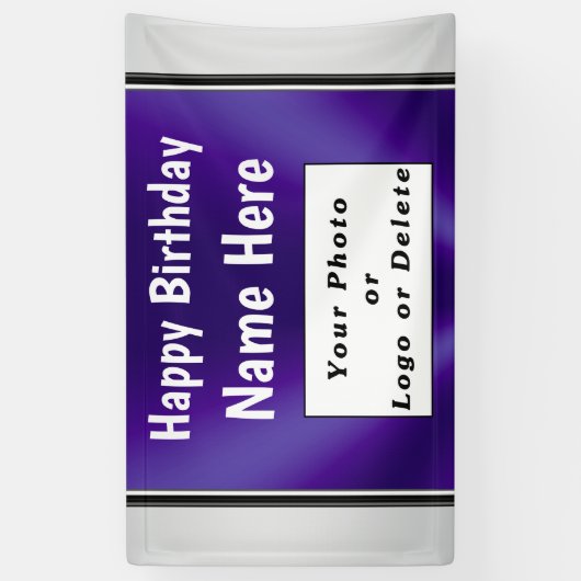 Paarse verjaardagsbanner met uw foto en naam spandoek (Verticaal)
