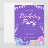 Paarse verjaardagsfeest uitnodigingen. kaart (Voorkant / Achterkant)