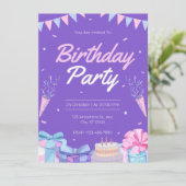 Paarse verjaardagsfeest uitnodigingen. kaart (Staand voorkant)