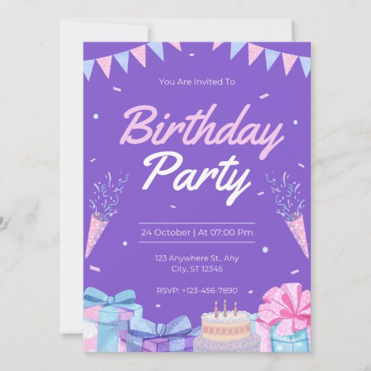 Paarse verjaardagsfeest uitnodigingen. kaart (Voorkant)
