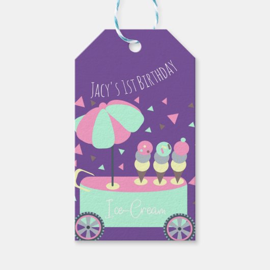 Paarse verjaardagsfeestconfetti ijskraam cadeaulabel (Voorkant)