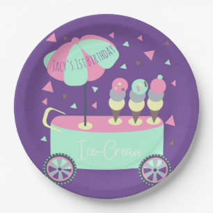 Paarse verjaardagsfeestconfetti ijskraam papieren bordje