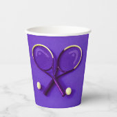 Paarse verjaardagsfeestje rackets en tennisballen papieren bekers (Voorkant)