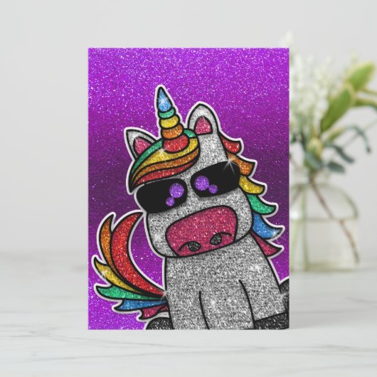 Paarse Verjaardagsfeestje Regenboog Glitter Eenhoo Kaart (Staand voorkant)