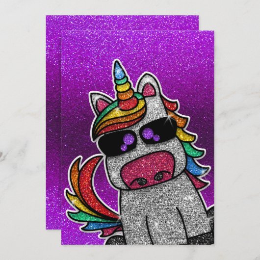 Paarse Verjaardagsfeestje Regenboog Glitter Eenhoo Kaart (Voorkant / Achterkant)