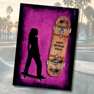 Paarse Verjaardagskaart voor Meisjes die Skateboar Kaart