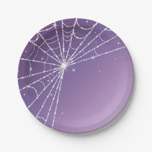 Paarse Verlopende Glitterende Diamanten Spinnenweb Papieren Bordje