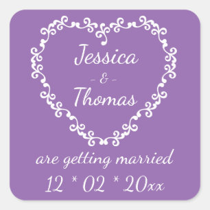 Paarse verlovingshuwelijk Save The Date Hart Trouw Vierkante Sticker