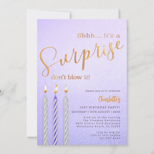 Paarse verrassingsverjaardagsuitnodiging glittersc kaart (Voorkant)