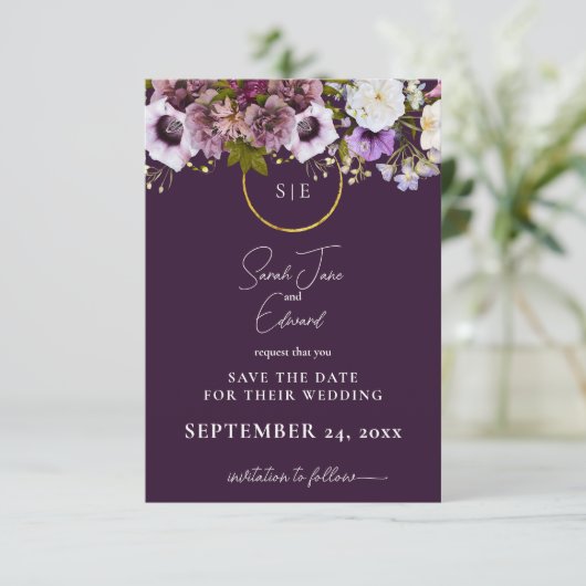 Paarse Verse Bloemenbruiloft Verticaal Save the Da Save The Date (Staand voorkant)