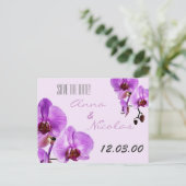 Paarse verse gesneden orchideeën aankondigingskaart (Staand voorkant)