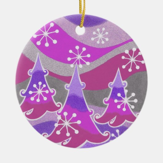 Paarse versierronde winterbomen keramisch ornament (Voorkant)