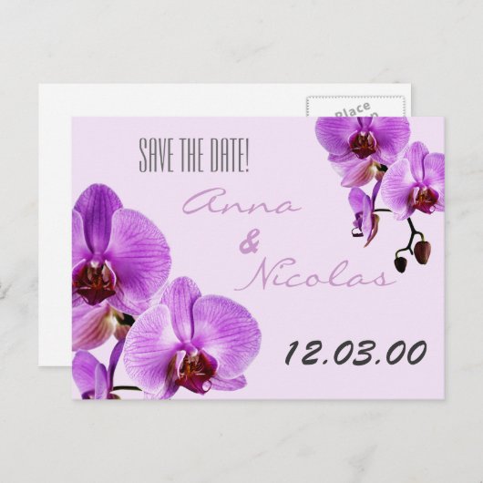 Paarse versneden orchideeën aankondigingskaart (Voorkant / Achterkant)