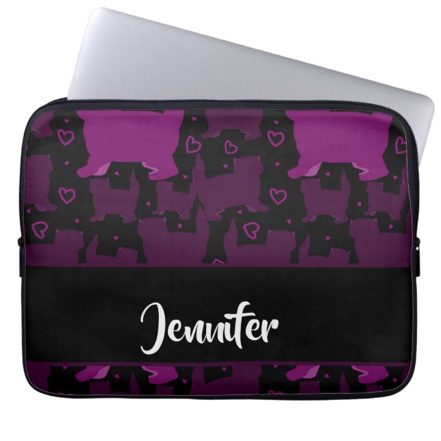 Paarse vetkatten silhouet zwart laptop sleeve (Voorkant)