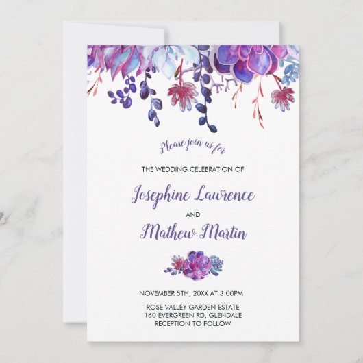 Paarse vetplanten & bladeren bruiloft uitnodiging (Voorkant)