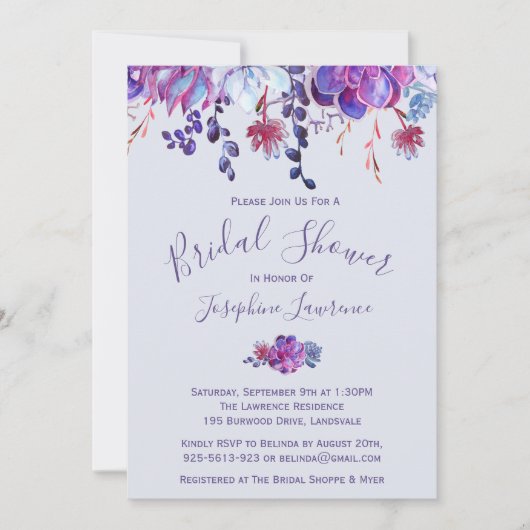 Paarse vetplanten bruids doucheuitnodiging kaart (Voorkant)