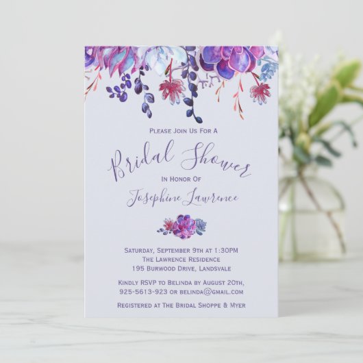 Paarse vetplanten bruids doucheuitnodiging kaart (Staand voorkant)