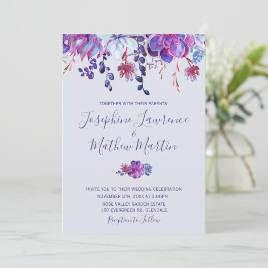 Paarse vetplanten bruiloft uitnodiging (Staand voorkant)