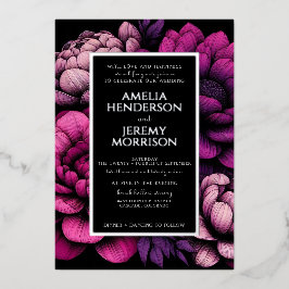 Paarse Vette Bloemen Met Details Folie Uitnodiging