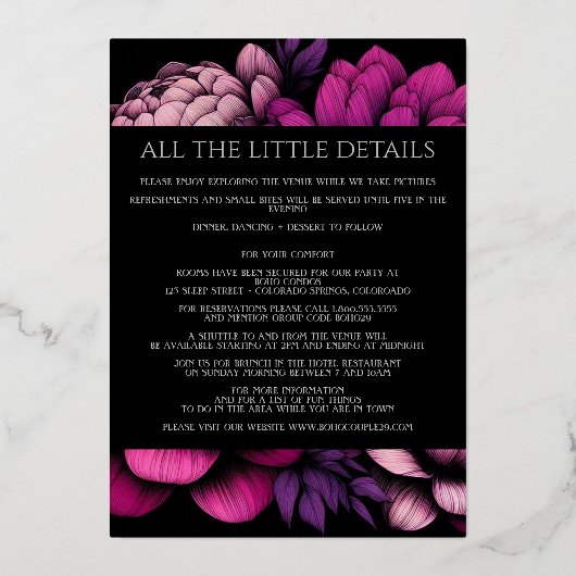 Paarse Vette Bloemen Met Details Folie Uitnodiging (Achterkant)