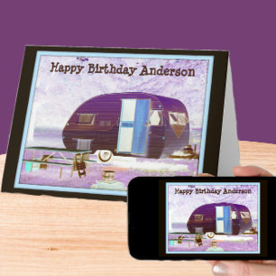 Paarse  Vibe Camper Trailer Happy Birthday Kaart