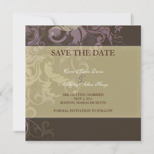 Paarse victoria damast save the date (Voorkant)