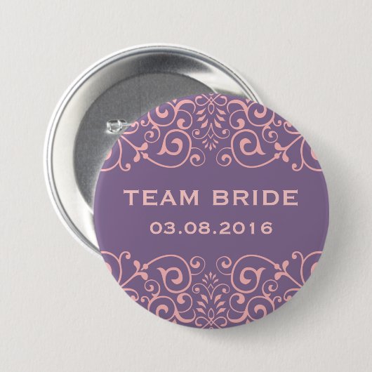 Paarse Victoriaans Floral Swirl Team Bride Button (Voorkant /achterkant)