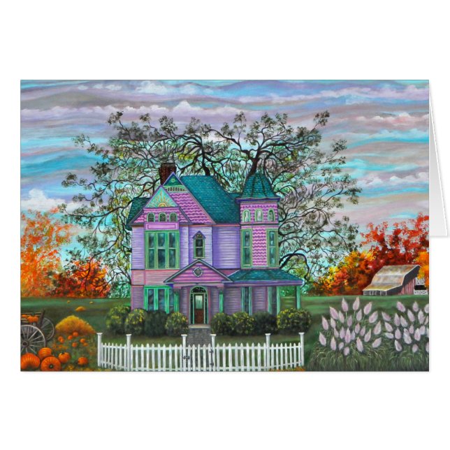 Paarse Victoriaans House Pumpkins Wagon Herfst Tre (Voorkant Horizontaal)
