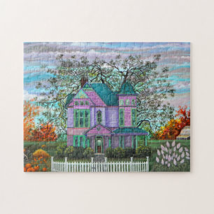 Paarse Victoriaans House Pumpkins Wagon Herfst Tre Legpuzzel