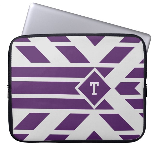Paarse vierhoekige strepen op grijs, monogram Slee Laptop Sleeve (Voorkant)