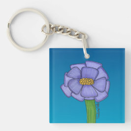 Paarse vierkante bloem met blauwe achtergrond sleutelhanger