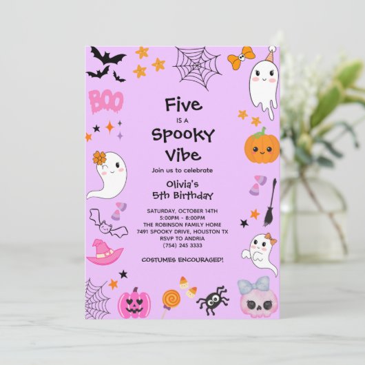 Paarse Vijf is een spookachtige vibe Halloween 5e  Kaart (Staand voorkant)