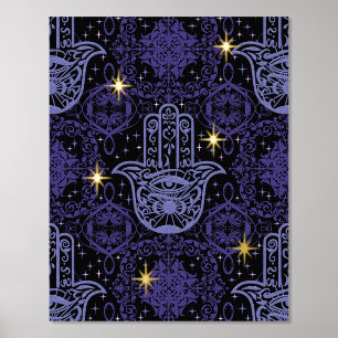 Paarse Vilt Look Hamsa Hand met Sterren Folie Afdrukken