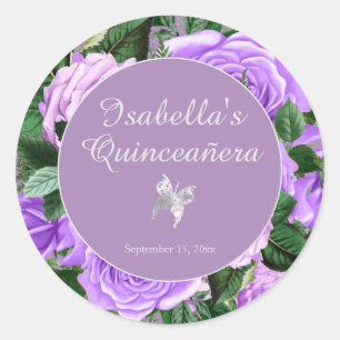 Paarse Vintage Bloem Vlinder Quinceañera Ronde Sticker