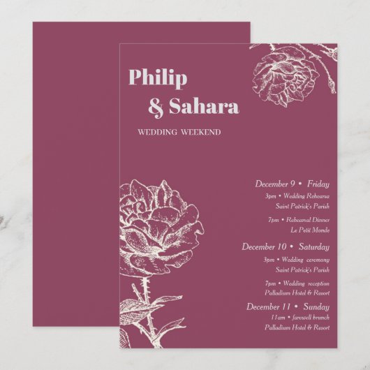 Paarse Vintage Bloemen Huwelijks Itinerarium Kaart (Voorkant / Achterkant)