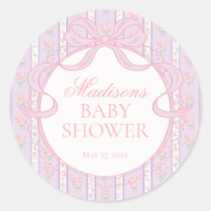 Paarse Vintage Fantasie Bloemen Baby Shower Stempe Ronde Sticker