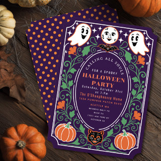 Paarse Vintage Geest Pompoen Halloween Feest Kaart